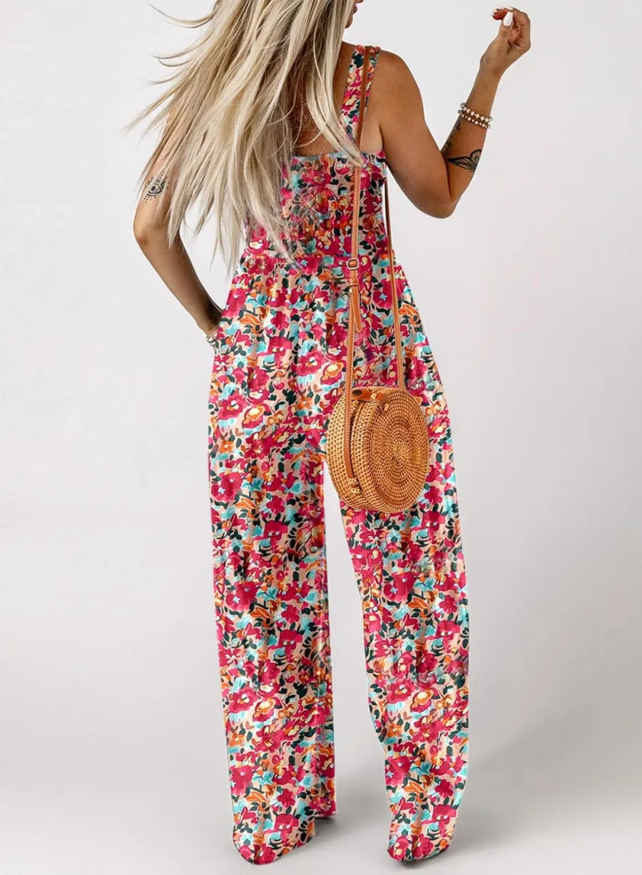 Blomstret, ermeløs jumpsuit for damer – smocket brystparti og vide ben – sommerlig chic 👒�