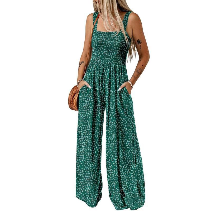 Blomstret, ermeløs jumpsuit for damer – smocket brystparti og vide ben – sommerlig chic 👒�