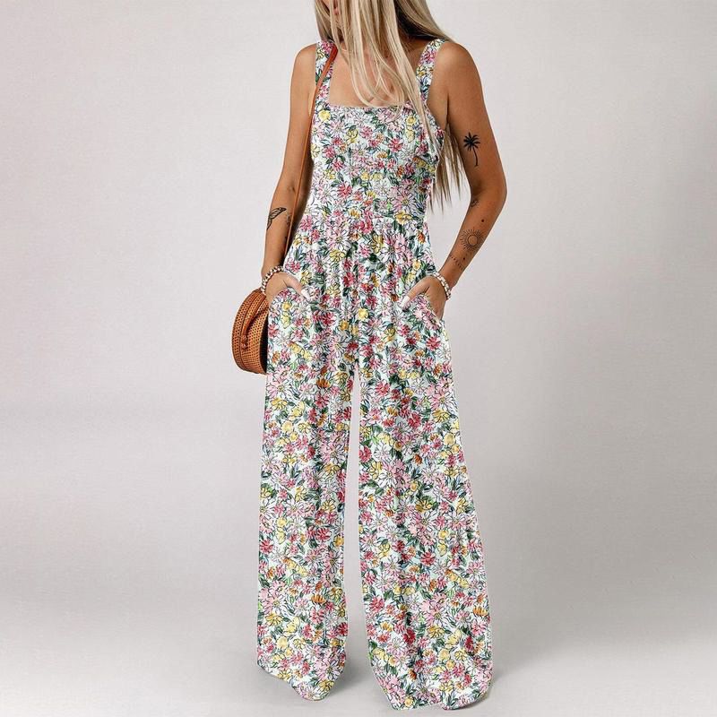 Blomstret, ermeløs jumpsuit for damer – smocket brystparti og vide ben – sommerlig chic 👒�